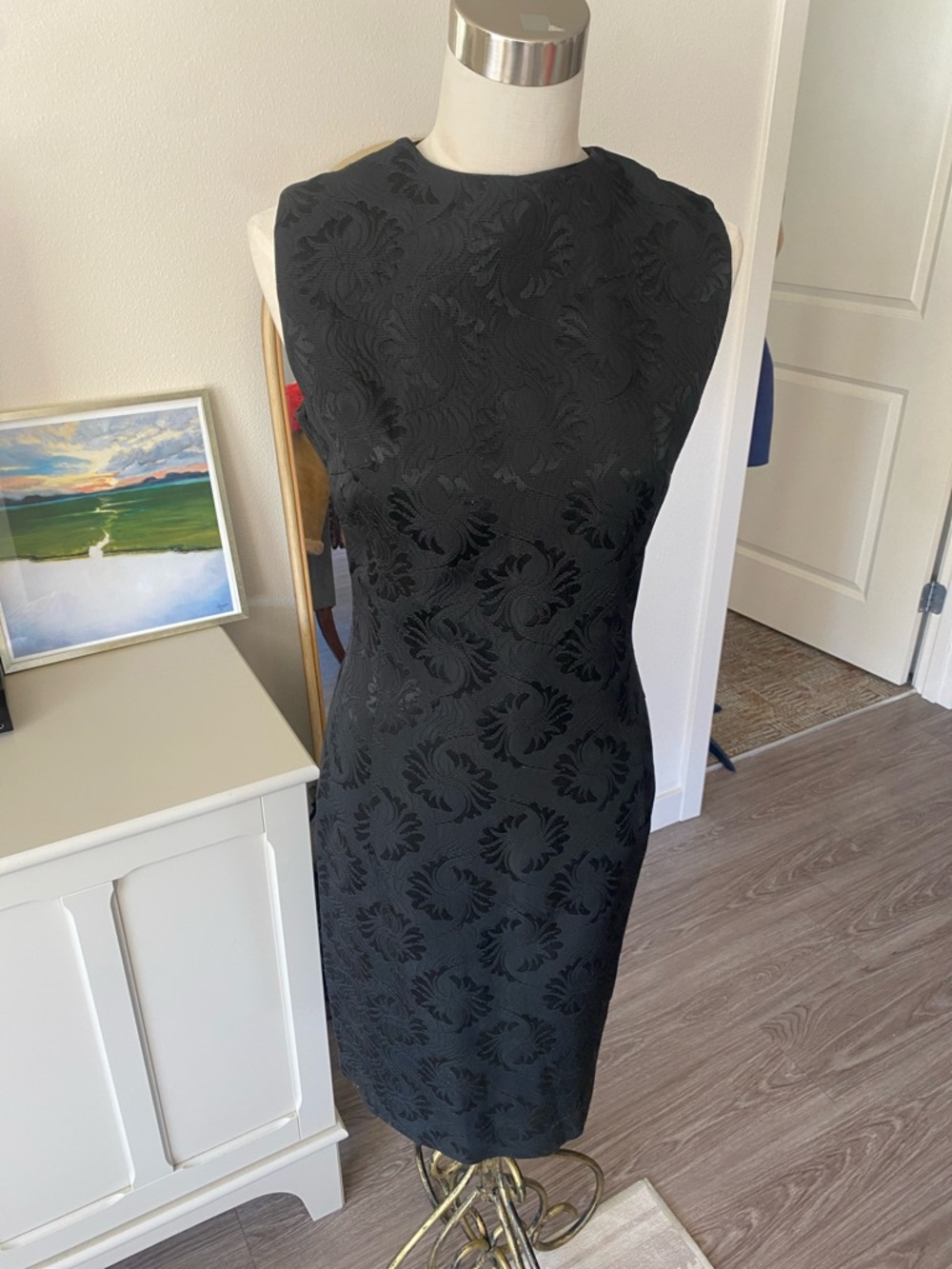 Vintage 1960s Black Floral Brocade Shift Dress